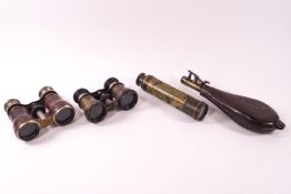 A leather shot flask, opera glasses and a four pull brass telescope,