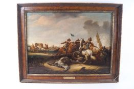 After Abraham Van der Hoef, Cavalry Skirmish, oil on panel,