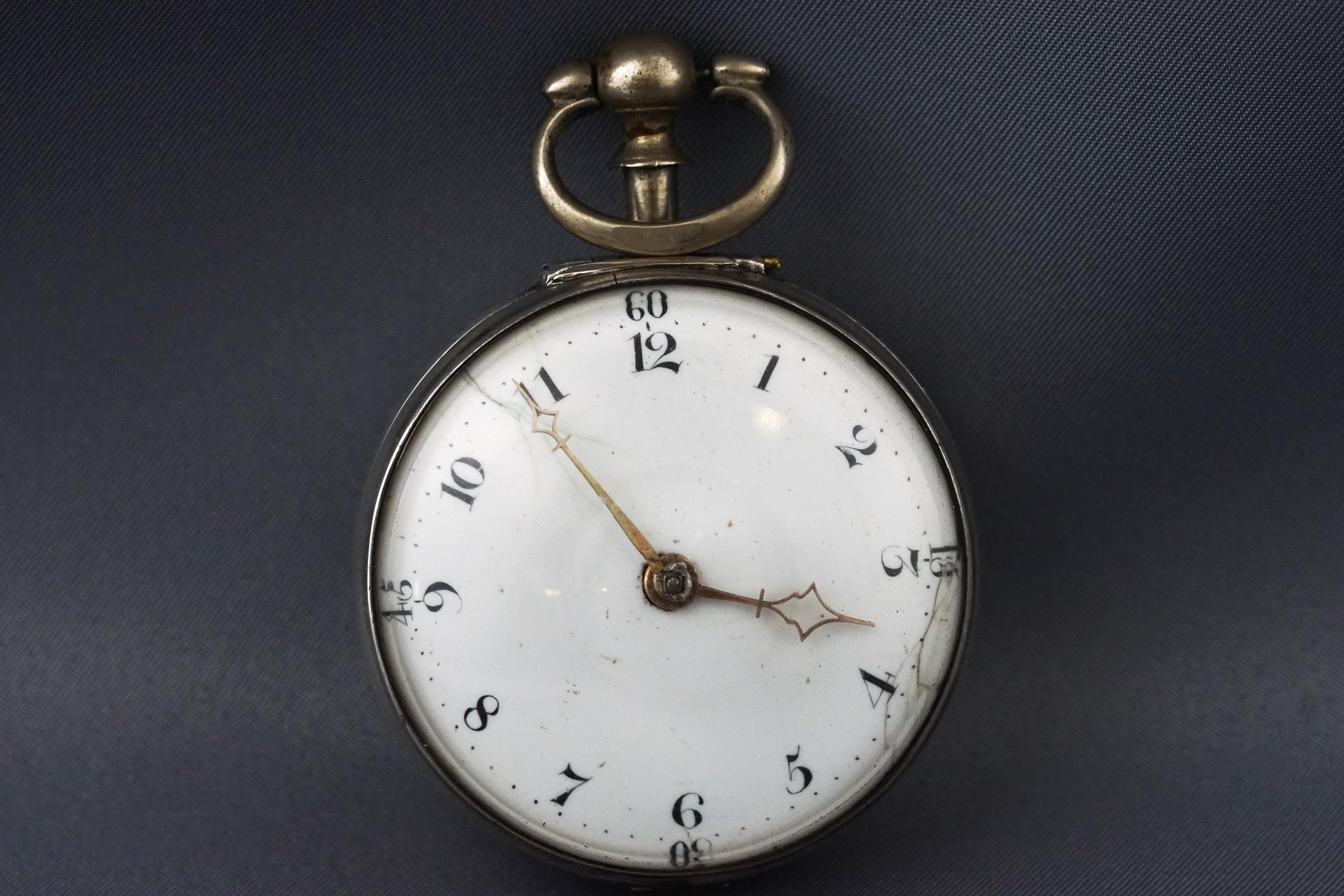 A open face key wound pocket watch with additional outer case, hallmarked sterling silver, London, - Image 2 of 3