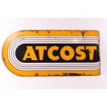 An enamel sign in yellow and black for 'ATCOST',