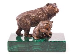 A bronze of a bear and cub on a malachite base,