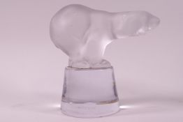 A Sevres glass car mascot style figure of an acid etched polar bear on a plinth,