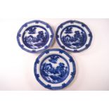 Three Copeland Spode (?) boy on a buffalo pearlware soup dishes, approximately 1790-1810,