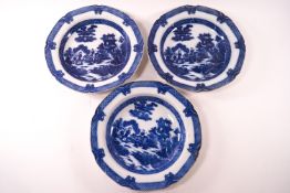 Three Copeland Spode (?) boy on a buffalo pearlware soup dishes, approximately 1790-1810,