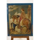 A Victorian Berlin woolwork of a lady on horseback with dogs in a landscape,