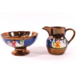 A lustre ware sugar bowl and milk jug, in copper finish, decorated with polychrome cameo,