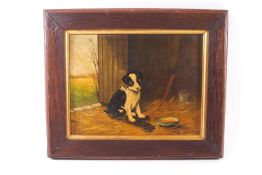 George Harris, Dog in the Stable, oil on board, signed lower right,