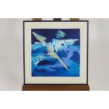 Sue Morgan, abstract in blue acrylic, signed with monogram and dated 7.8.97