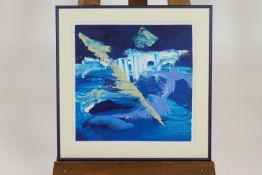 Sue Morgan, abstract in blue acrylic, signed with monogram and dated 7.8.97
