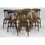 A harlequin set of eight stick back chairs with ash seats on turned legs linked by H stretchers