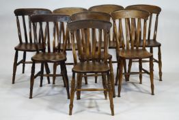 A harlequin set of eight stick back chairs with ash seats on turned legs linked by H stretchers