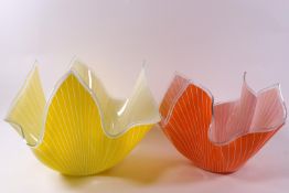 Two glass handkerchief bowls decorated with white stripes,