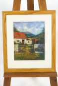 S Byatt, Cottage with landscape beyond, oil on board, signed lower left,