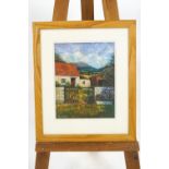 S Byatt, Cottage with landscape beyond, oil on board, signed lower left,