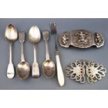 A Fiddle pattern teaspoon, Edinburgh 1831, with three others, a pickle fork,