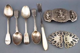 A Fiddle pattern teaspoon, Edinburgh 1831, with three others, a pickle fork,