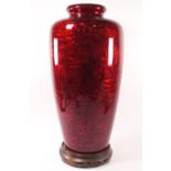 A cloisonne pigeon blood vase, on stand,