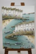 Rebecca Lardner, coastal village, oil on canvas, signed lower right,