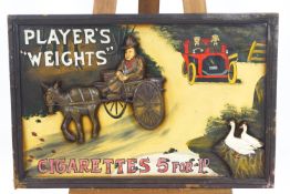 A painted wooden 'Players Weight' sign,