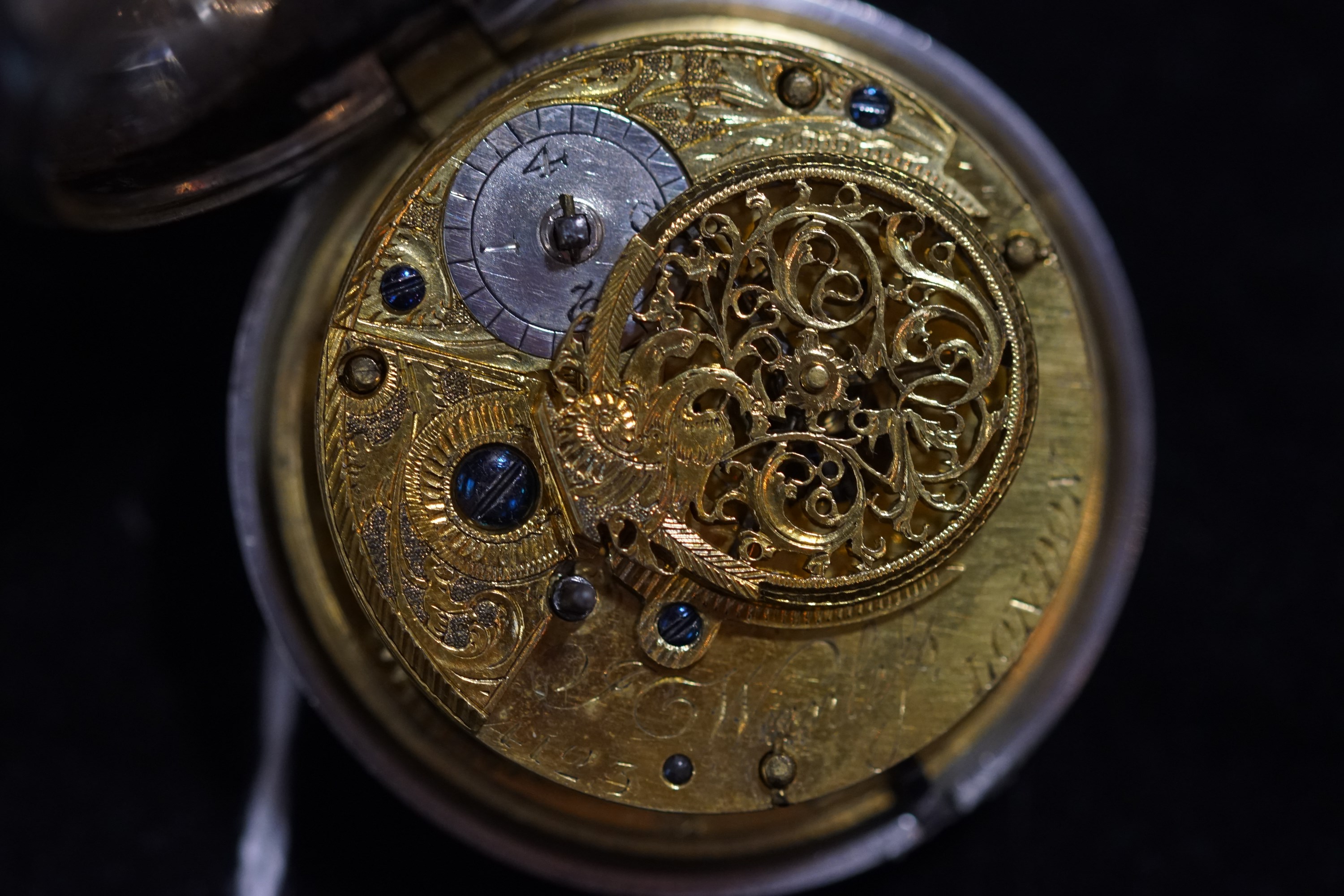 A open face key wound pocket watch with additional outer case, hallmarked sterling silver, London, - Image 3 of 3