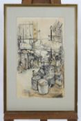 Patricia Drew, Street scene, pen and ink, signed and dated November 1970 lower left,