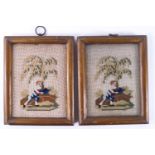 Two Victorian woolwork pictures of a young boy with a tree,
