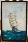 George Deakin, Galleon in full sail, oil on board, signed and dated 80, lower left, 64cm x 39.5cm