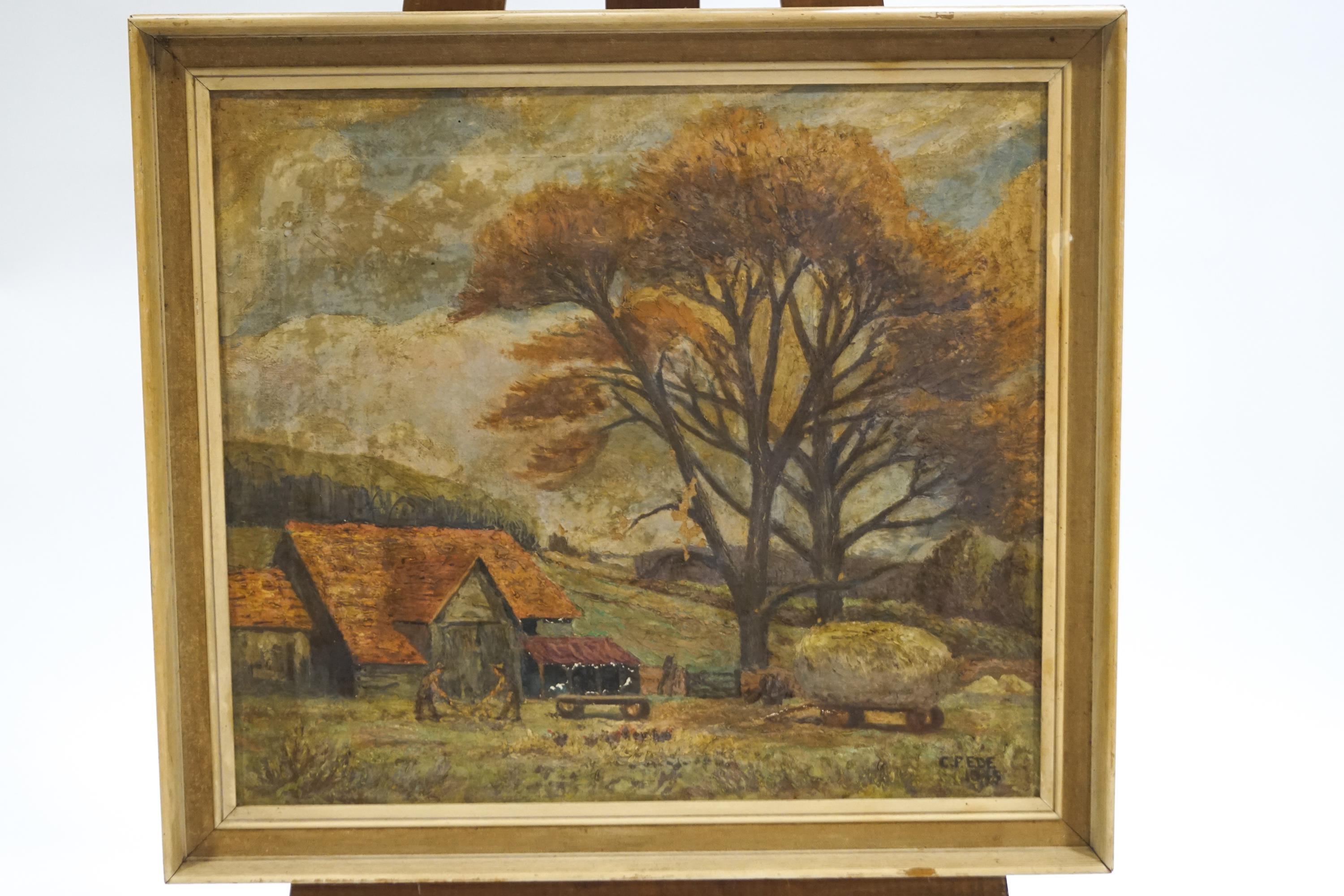 C P Ede, Rural scene with trees and a barn, oil on canvas, signed lower right and dated 1934,
