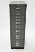 A grey finished fifteen A4 drawer Bisley filing cabinet, 94cm high, 28 cm wide,