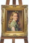 A group of three oil prints of young ladies, in heavy gilt frames, members of the Thessiger family,