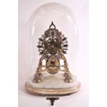 A skeleton clock, under glass dome of 'C' and 'S' scroll design with Roman dial,