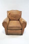 Two leather chairs, each with a loose cushion, 80cm high, 93cm wide,