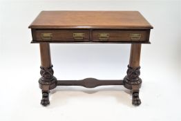 A Victorian mahogany side table with two frieze drawers on tapering cylindrical supports