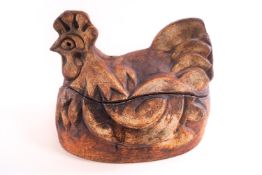 An earthenware Art pottery moulded cockerel form casserole dish,