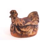 An earthenware Art pottery moulded cockerel form casserole dish,