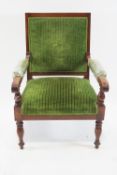 A Victorian mahogany framed armchair, upholstered in green velvet, 100cm high, 71cm wide,