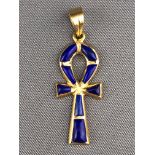 A yellow metal ankh pendant set with lapis lazuli (untested) No hallmark.