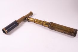 Two small brass telescopes : one three pull, max 42cm long; the other a leather clad two pull,