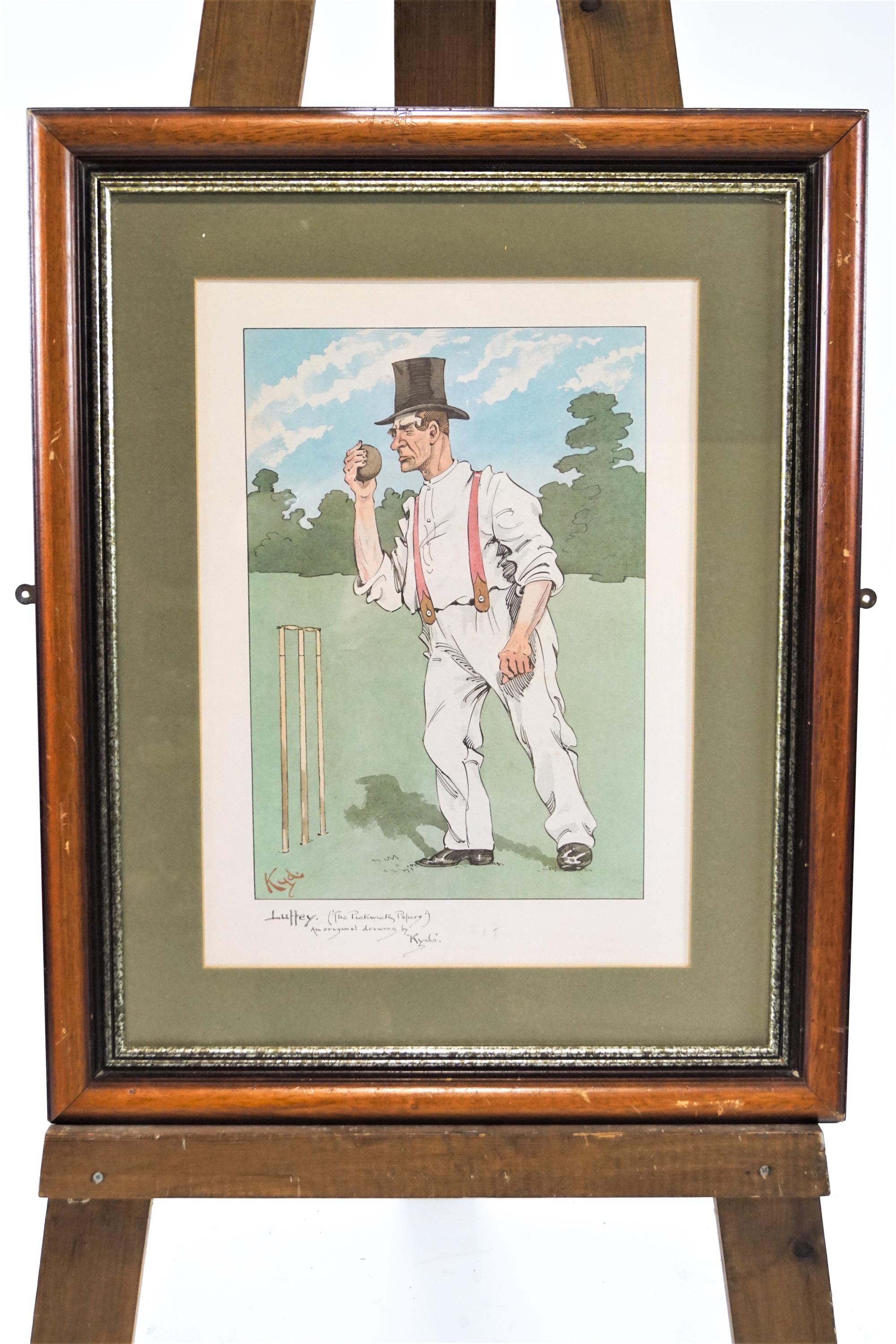 A framed print of a cricketer by 'Kyd' of Lutley, The Pickwick Papers,