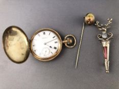 A collection of items to include: A gold plated full Hunter Waltham pocket watch,