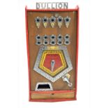 A Bullion slot machine, finished in a red painted wood case with chrome detailing and crank handle,
