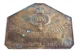 A brass Grenadier Guards bed plate by J R Gaunt of London to 23688466 Carpenter,