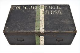 A First World War metal bound pine military trunk with side catches and handles and a main lock