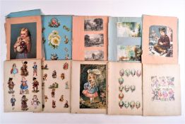 A 19th century album of assorted decoupage cut outs, flowers, portraits etc,
