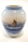 A Royal Copenhagen porcelain vase, painted with a ship, printed Factory marks,