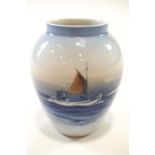 A Royal Copenhagen porcelain vase, painted with a ship, printed Factory marks,