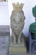 A pair of reconstituted stone garden lions, on plinths, with gold crowns, 114cm high, 43cm wide,