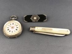 A collection of items to include: An open face floral dial pocket watch, stamped 0.935