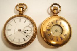 A yellow metal open face F Willman pocket watch together with a 14K gold plated Waltham demi hunter