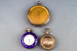 An open face pocket watch together with a small blue enamel fob watch and a seed pearl pendant